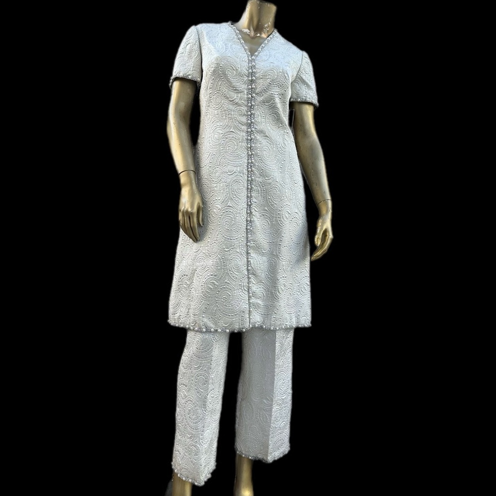 VTG NAT KAPLAN NEW YORK 2-PIECE HOSTESS TUNIC & PANT  SET EMBELLISHED QUILTED